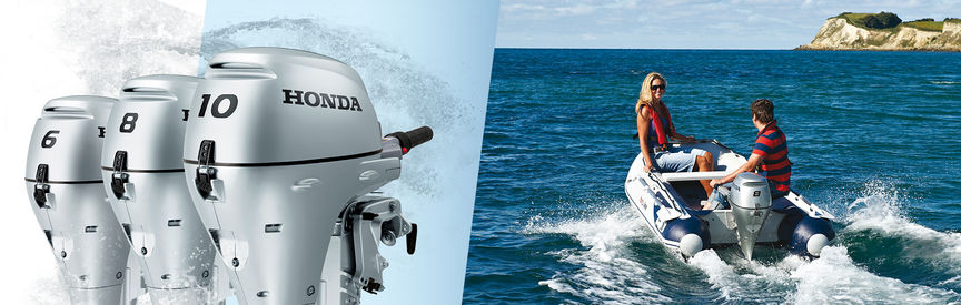 Links: 2 Honda Marine-Motoren Rechts: Boot mit Honda Motor, Einsatz nach Modell, an der Küste