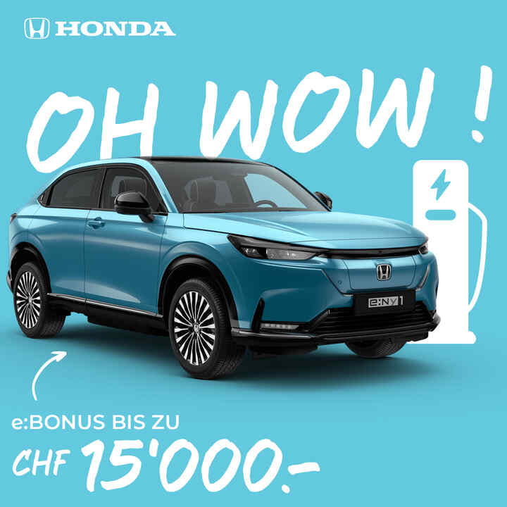 Honda e:Ny1 hellblau auf hellblauem Hintergrund mit Hinweis auf Prämie von CHF 15'000.-